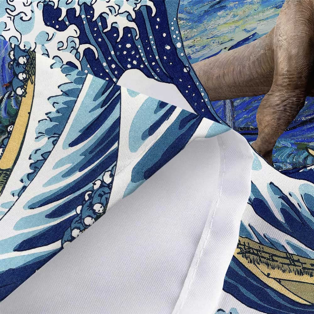 Xguatan Funny Cat Shower Curtain, Cool Dinosaur Cat in Japanese Kanagawa Waves Shower Curtain for Bathroom, Blue Ocean Fabric Hilarious Anime Shower Curtain Set with 12PCS Hooks, 60X70IN