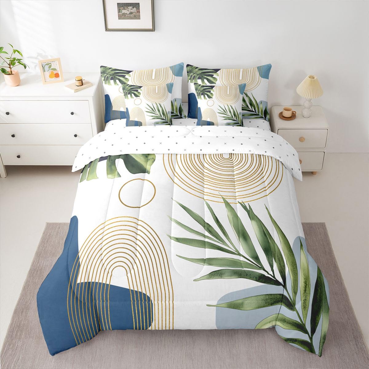 Erosebridal Boho Blue Green Full 7 Pcs Bedding Set, Mid Century Abstract Comforter Set with Sheets, Bohemian Tropical Palm Leaf Botanical Bed Sets, Modern Minimalist Geometric Aesthetic Bed in A Bag