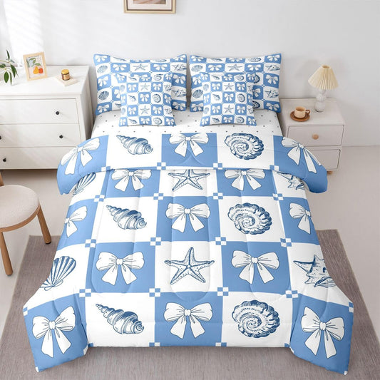 Feelyou Starfish Beach King Comforter Set with Sheets for Kids Boys Girls Ocean Marine 7 Pieces Bedding Set Bow Knot Print Bed in a Bag Shell Room Decor Coastal Beach Ocean Soft Lightweight Microfiber