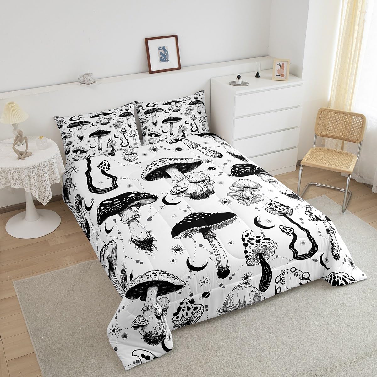 Castle Fairy Wild Mushroom Comforter Set Full Size,Abstract Sun Moon Starry Bedding Set Gothic Plants Quilt Set for Kids Boys Teens Room Decor,Black White Sketch Style Duvet Insert with 2 Pillowcases