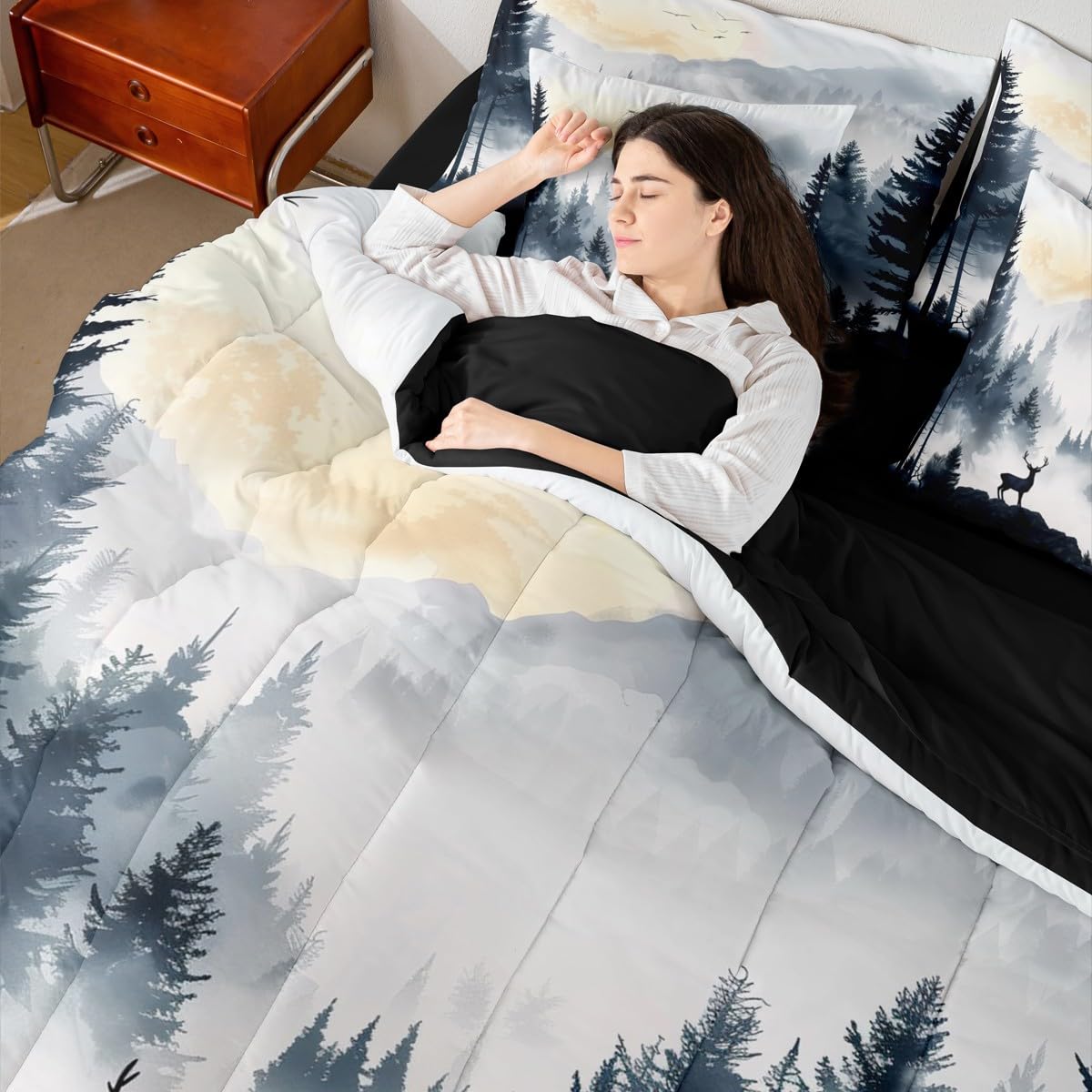 Erosebridal Sunrise 7 Piece Bedding Set Twin Reindeer Comforter Set with Sheets Elk Landscape Mountain Natural Bed in a Bag Woods Smoke Fog Deer Birds for Kids Boys Girls