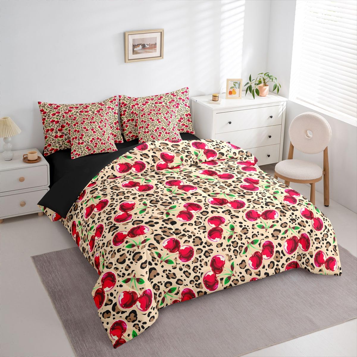 Erosebridal Cute Red Cherry Twin Size Bedding Set Y2K Retro Leopard Print 7 Pieces Comforter Set with Sheets for Women Girl Sweet Fruit Bed in a Bag Chic Animal Print Bed Sets