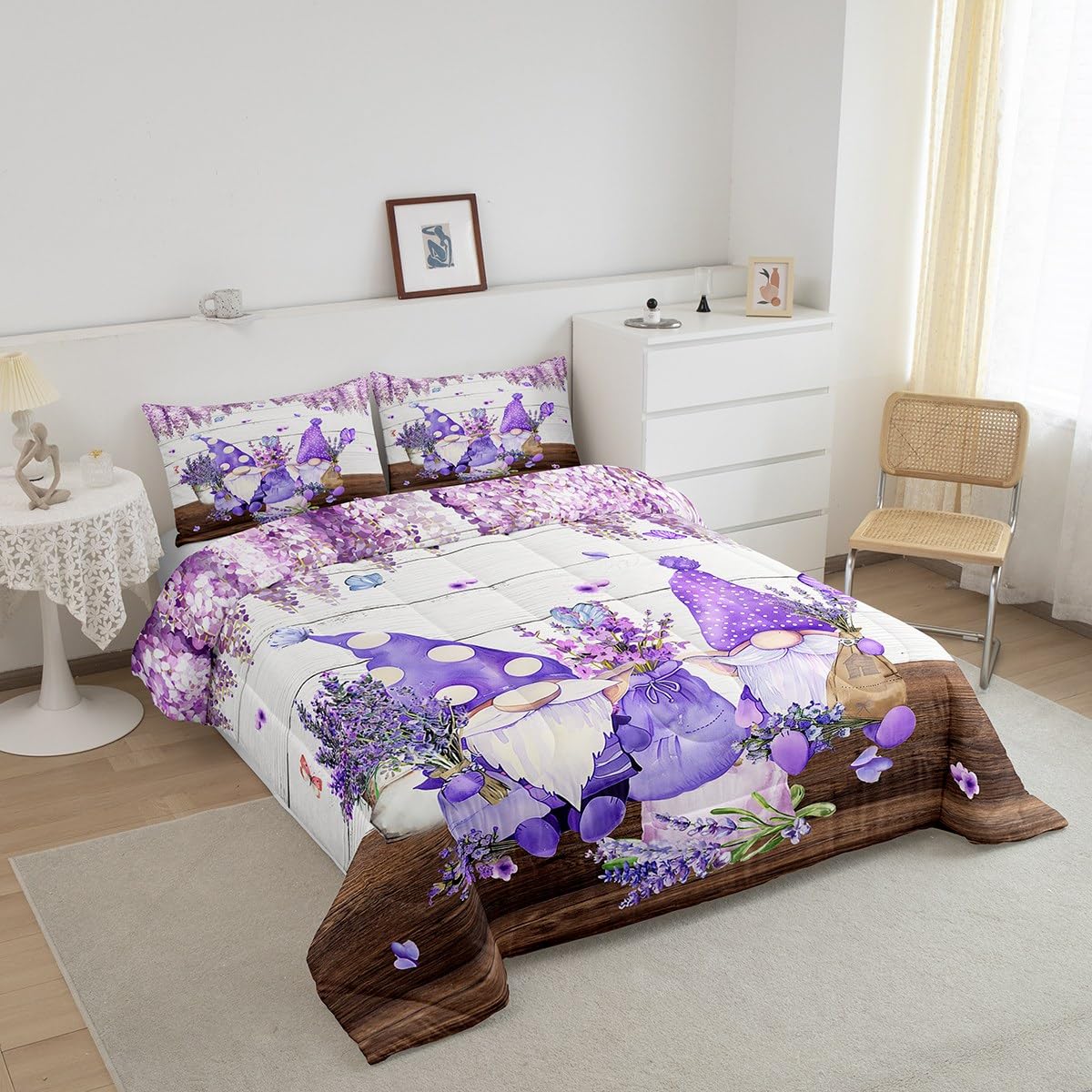 Manfei Cute Gnomes Comforter Set Queen Size, Purple Vine Flower Butterfly Quilt Set with 2 Pillowcases, Lavender Bouquet Bedding Set 3pcs for Kids Boys Girls Grey Wood Plank Duvet Insert