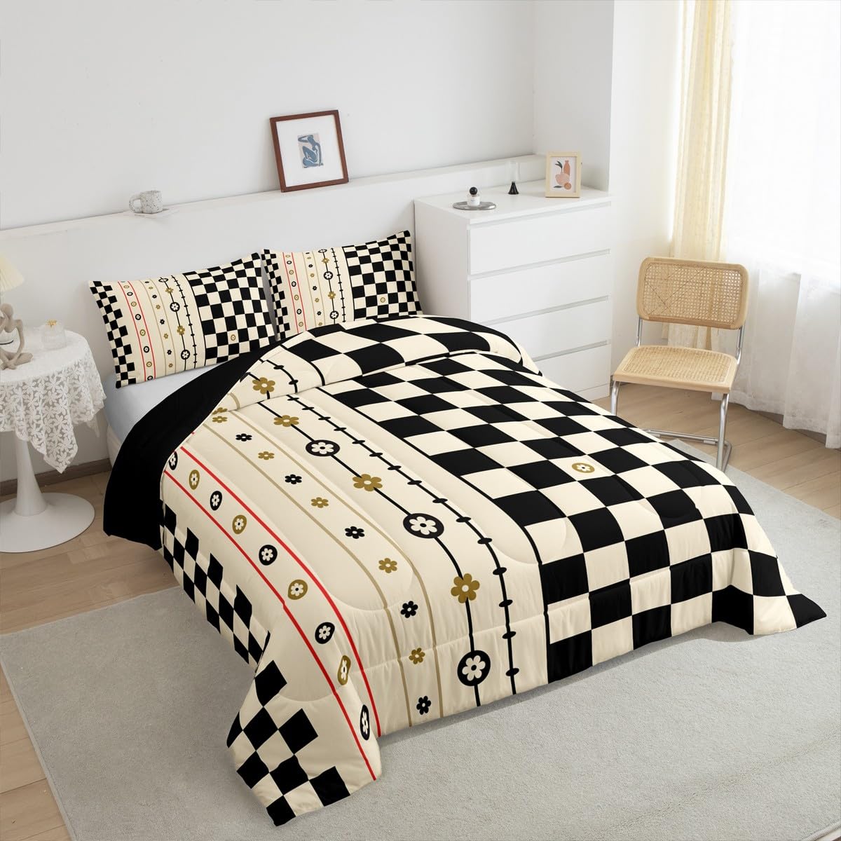 Manfei Geometric Grids Comforter Set Queen Size,Cute Daisy Flowers Abstract Bedding Set 3 Pcs for Teens Adults,Beige Black Stripes Checker Plaids Patchwork Comforter,2 Pillowcases