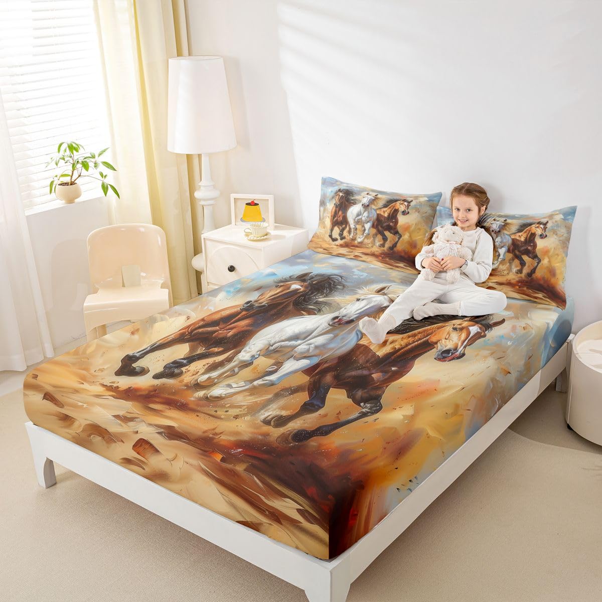 jejeloiu Galloping Horse Bed Sheets Sets Queen Size Kids Boys Girls Wild Animal Bedding Set Handsome Horse Bed Sheet Set with 16-Inch Deep Pockets Western Farm Animals 4Pcs with 2 Pillow Cases