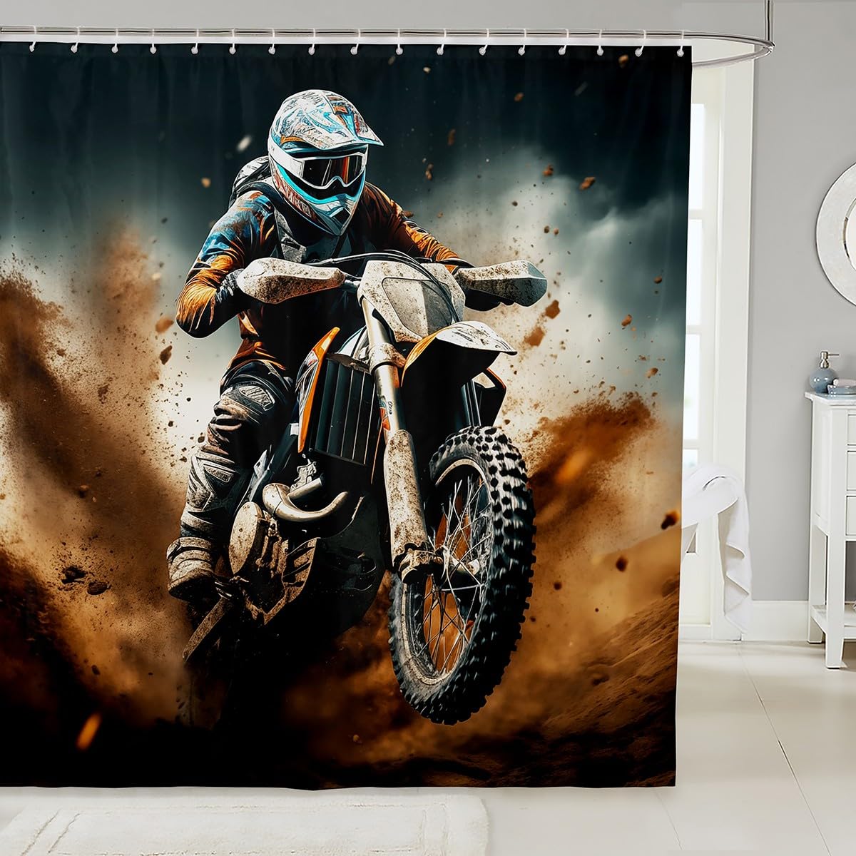 Feelyou Boys Girls Dirt Bike Shower Curtain Extreme Sports Bath Curtain Racing Motocross Bathroom Shower Curtain Set Kids Motorcycle Teens Bathroom Accessories Room Decor 72"x78"