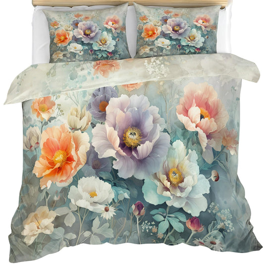 QINYUN Colorful Flower Comforter Set Oversized King, Floral Bedding Set 3 Piece, Elegant Watercolor Floral Comforter Cover and 2 Pillow Sham with Zipper Closure