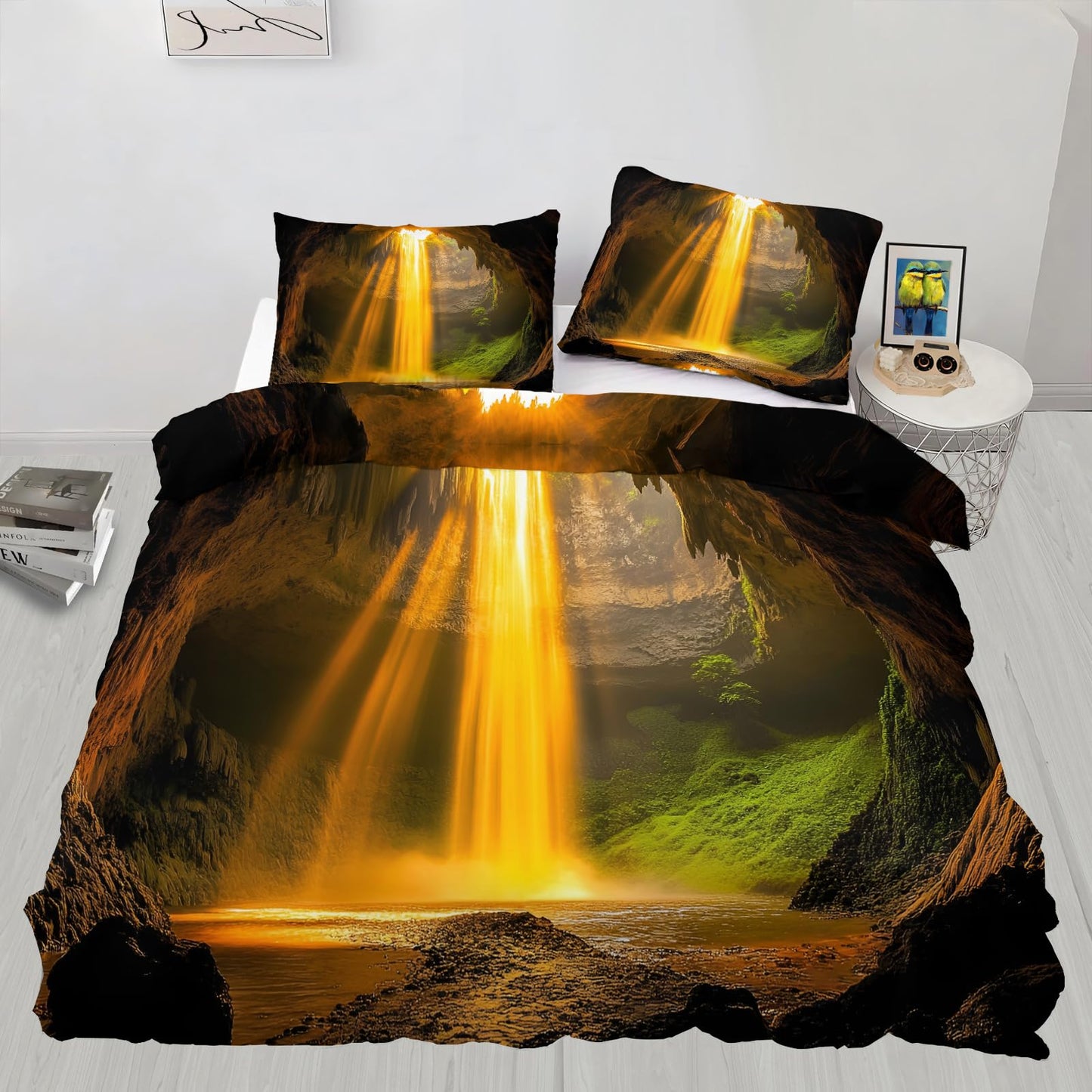 Waterfall Duvet Cover Full Size, Cave Waterfall Comforter Cover 80" x 90", Fantasy Natural Landscape Bedding Set with 2 Pillowcases