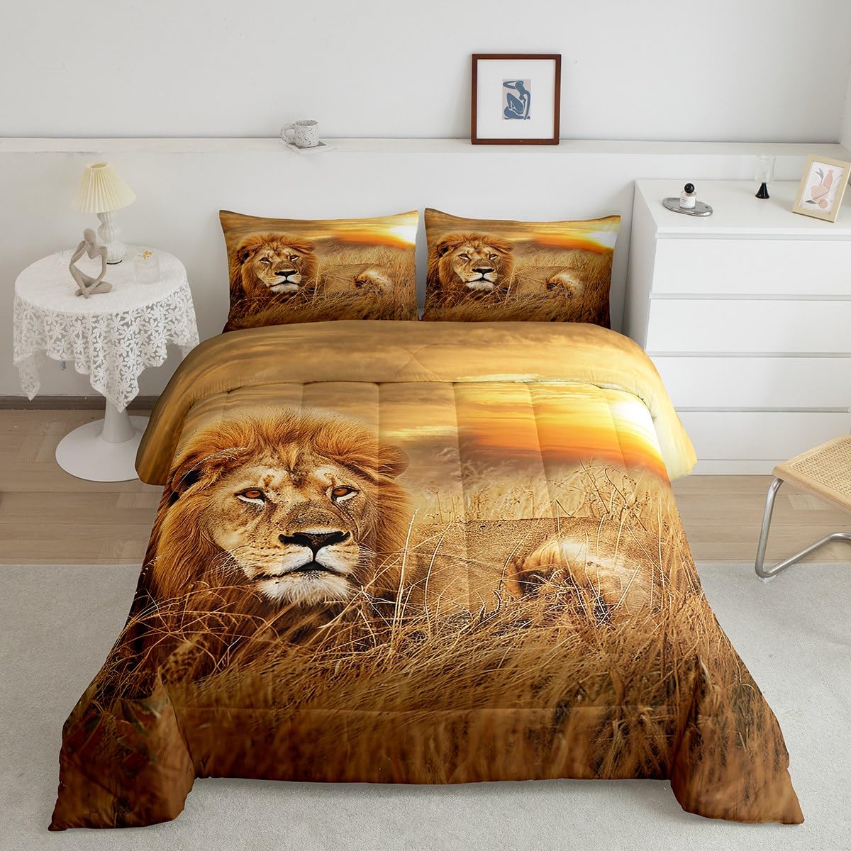 Lion Comforter Set Queen Size,3D Print Wild Animals Bedding Set for Teens Adult Men Room Decor,Natural Sunset View Quilt Set Rustic Prairie Duvet Insert 3pcs with 2 Pillowcases