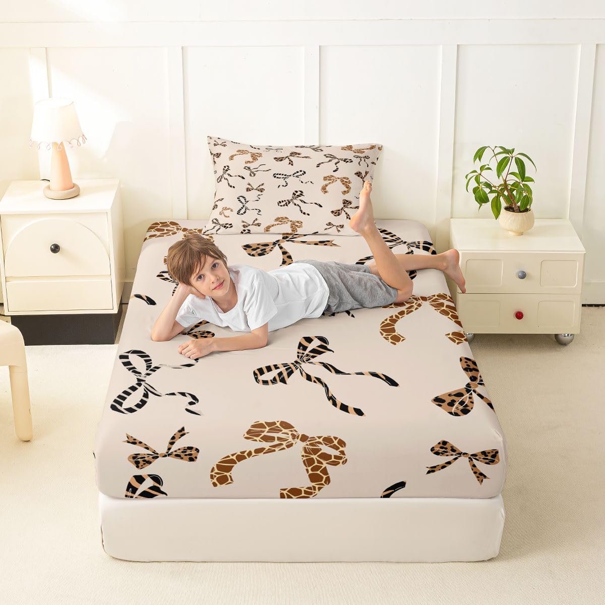 jejeloiu Brown Leopard Bow Fitted Sheet Twin Size for Kids Boys Girls Leopard Print Bowknot Bed Sheets Set 16" Deep Pocket Dreamy Princess Bowknot Bedding with 1 Pillowcase Room Decor