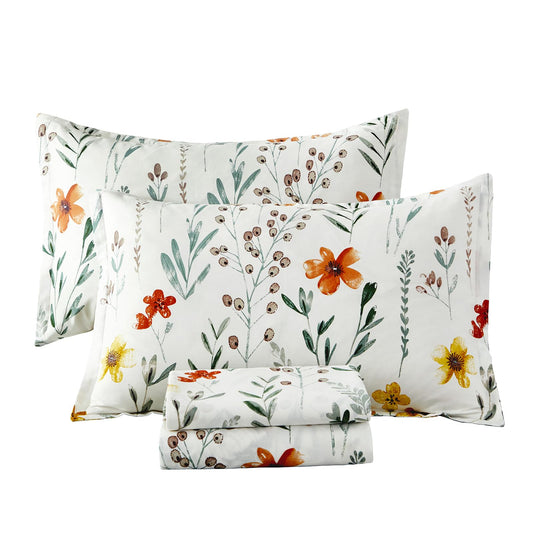 Helthep Floral Sheet Set King, 100% Cotton Green Leaves Printed Bed Sheets Floral Patterned Sheets King with 17.5" Deep Pocket, 4Pcs White Botanical Vintage Yellow Flower Sheet for King Size Bed