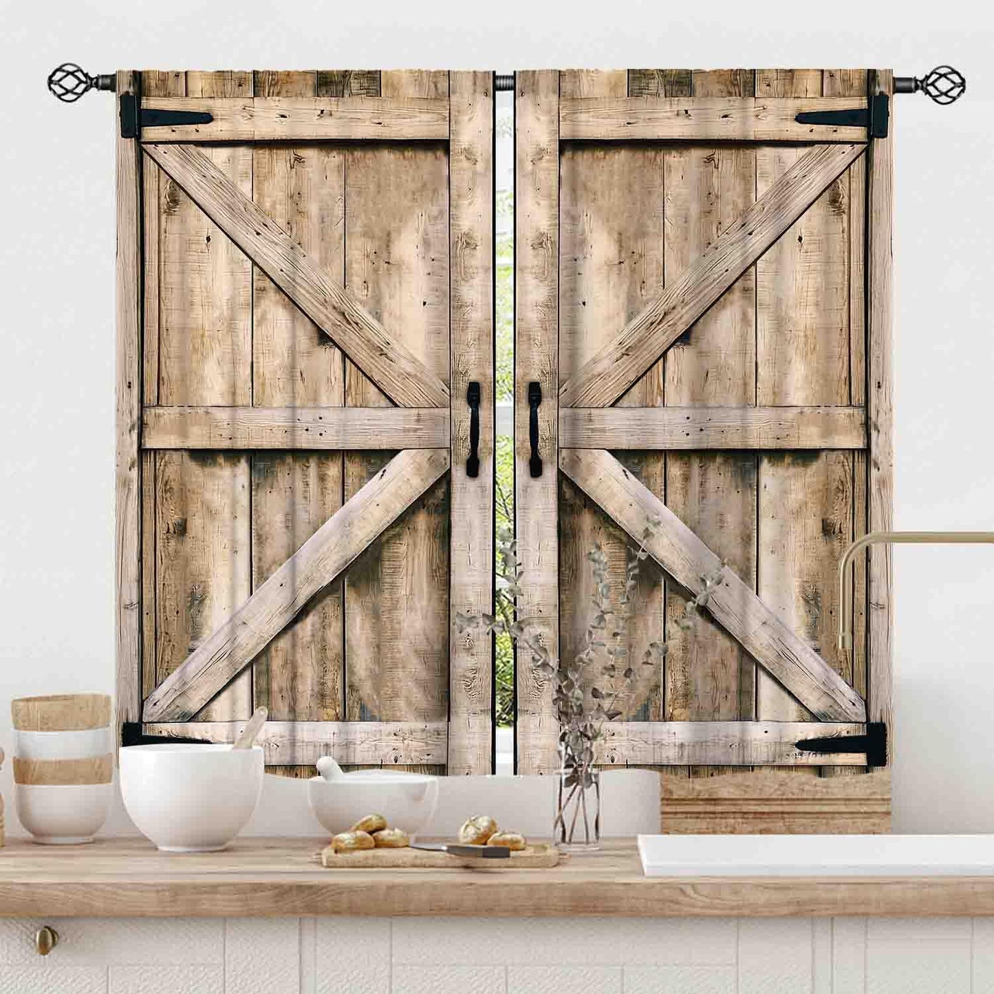 TKUYO Barn Door Curtains, Farmhouse Rustic Wooden Barnwood Garage Gate Cottage Country Western Style Window Treatments Drapes for Bedroom Living Room Kitchen 2 Panels, 55x39 Inch