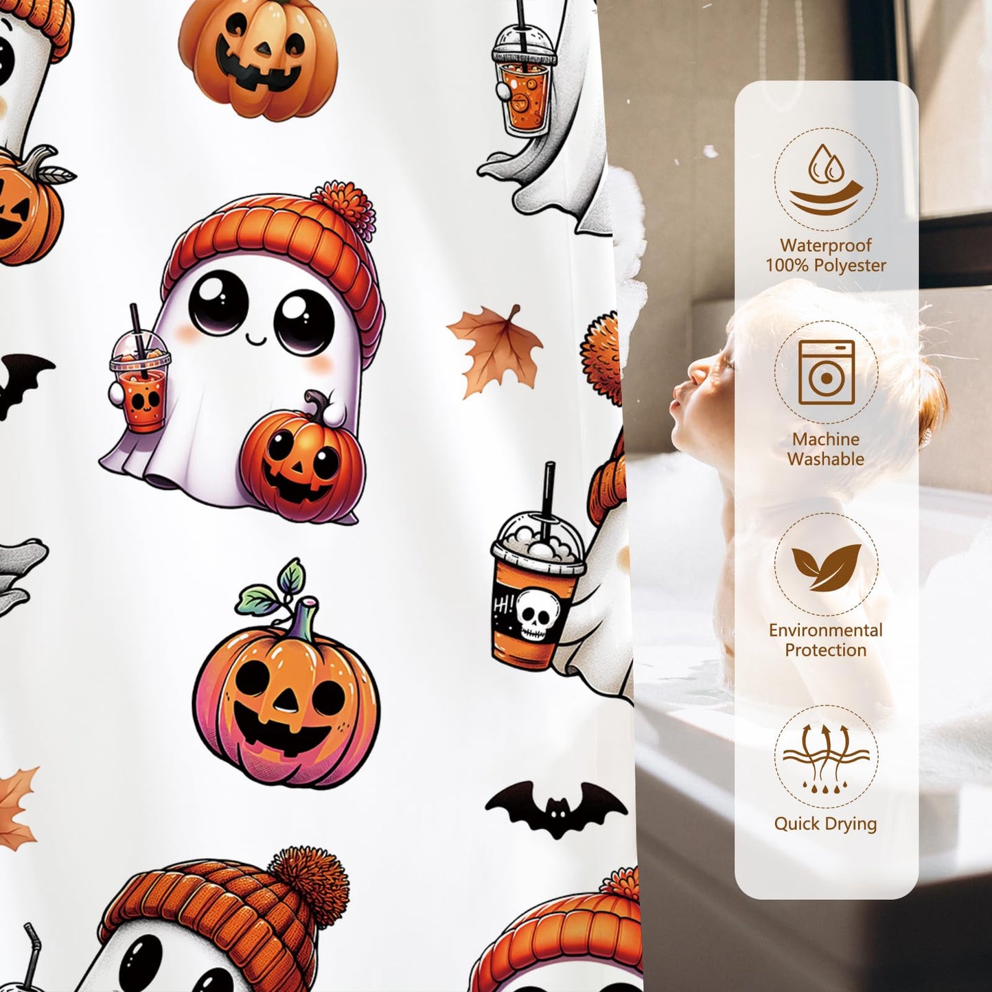 MEHOFOND Halloween Shower Curtain Cute Ghost Shower Curtain Pumpkin Maple Leaves Bat Spooky Halloween Festival Holiday Bathroom Decor Waterproof Fabric Washable with Hooks 72x72 in(White)