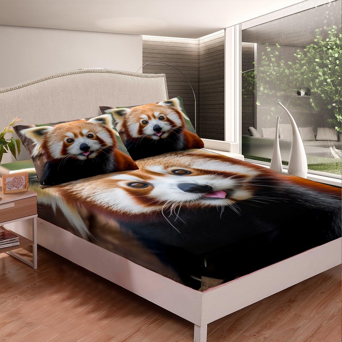 Feelyou Red Panda Bed Sheets Cute Panda Sheet Set for Kids Boys Girls Wild Animal Decor Bed Set Jungle Wildlife Style Sheets Bedroom Collection 3Pcs Twin Size