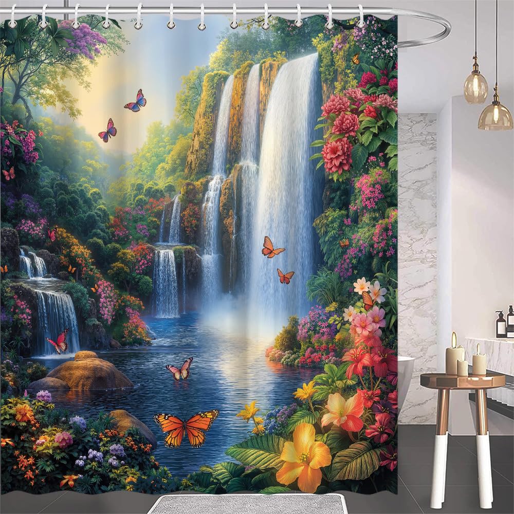 ZFMRZF Forest Waterfall Shower Curtain Butterfly Spring Jungle Rainforest Wonderland Fantasy Tropical Fairy Tale World Flower Nature Landscape Bathroom Polyester Curtains Set with Hooks 70x70 Inch