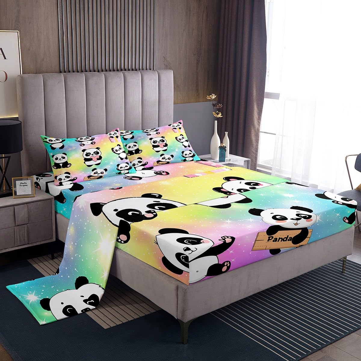 Erosebridal Girls Rainbow Sheets Kids Panda Bed Sheets Sparkle Stars Queen Sheet Set Pastel Glitter Top Sheet Super Cozy Lightweight Sheet & Pillowcase Sets 4 Piece with 2 Pillow Sham
