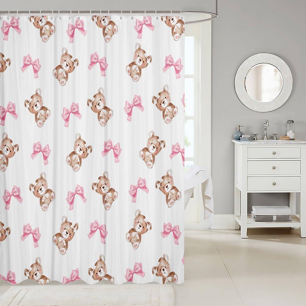 jejeloiu Girls Cartoon Bear Shower Curtain for Bathroom Decor 72"x72" Pink Bowknot Bath Curtain for Kids Women Dreamy Princess Bow Bathroom Accessories Cute Lovely Kawaii Animal