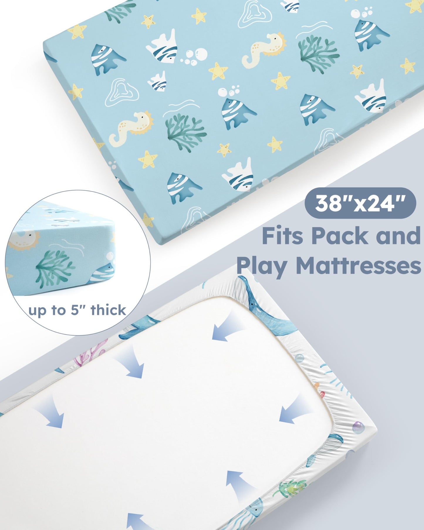 Nyessmee Pack and Play Sheets for Boys Girls, 38" x 26" Mini Crib Sheets Fitted for Pack n Play Mattress, Soft Breathable Playard Sheets, 2-Pack Blue Ocean