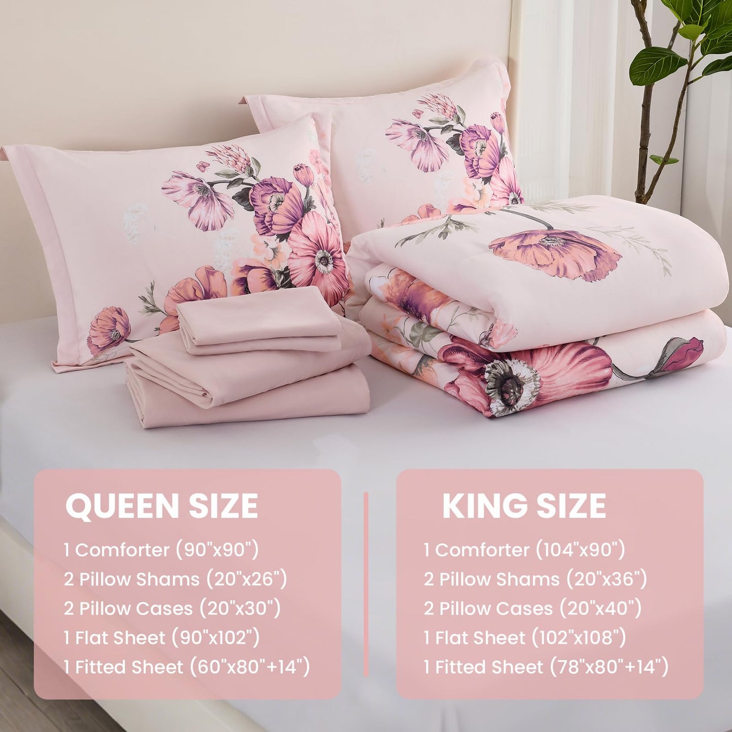 LLDSYW Queen Comforter Set - 7 Pieces Bed in a Bag Pink Floral Queen Comforter Set with Sheets, Soft Microfiber Flower Complete Bedding Set for All Seasons（Pink,90"x90"）