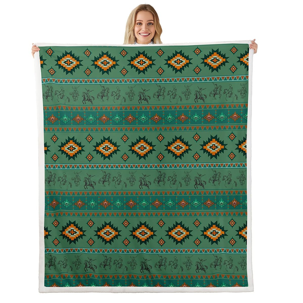 Feelyou Western Cowboy Throw Blanket Southwestern Aztec Pattern Fleece Sherpa Cozy Fuzzy Plush Warm Horse Riding Design Fuzzy Plush Throw Ranch Farmhouse 40"x50" Green Orange for Bed Couch Living Room