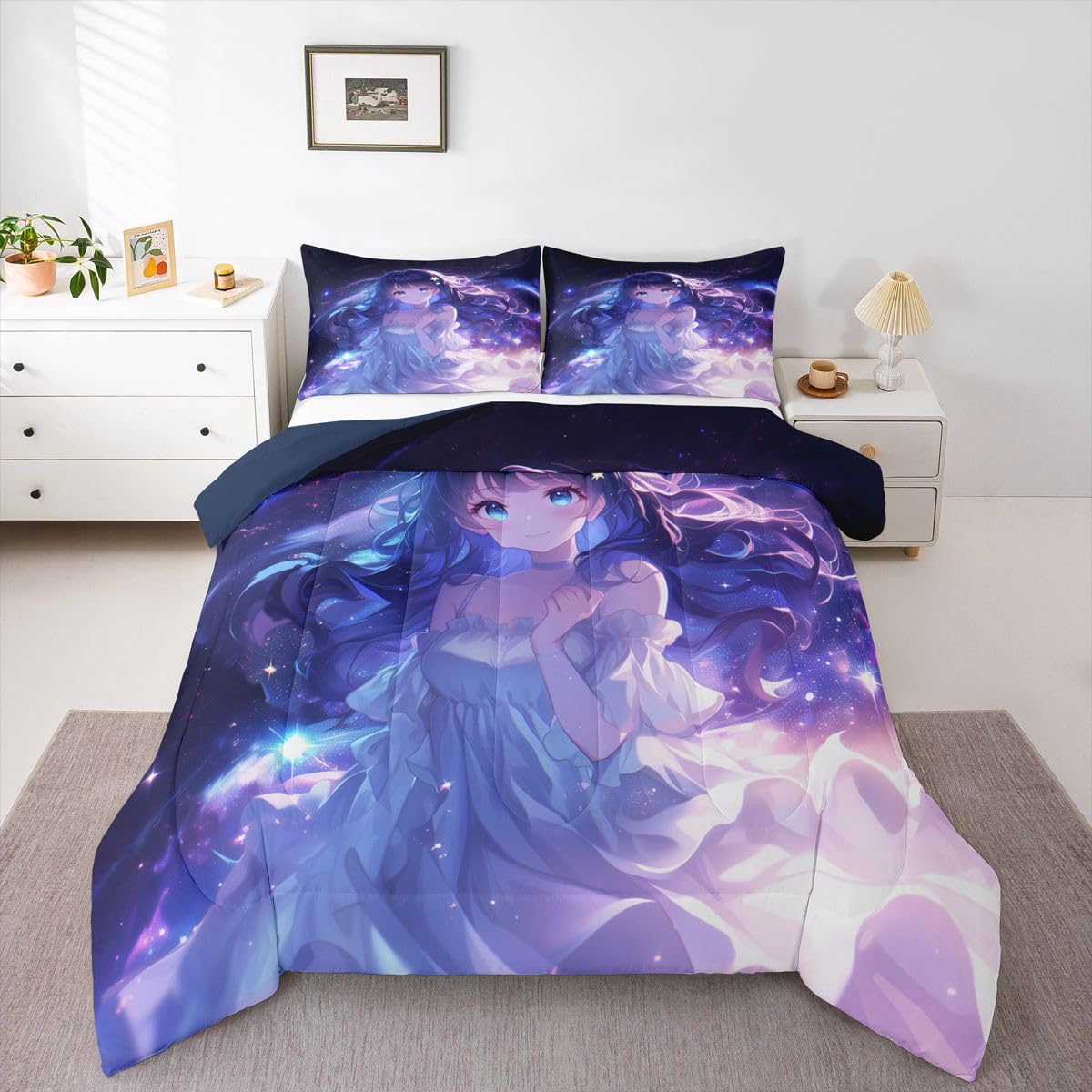 Erosebridal Anime Girls Bedding Anime Gifts Comforter Set for Kids Purple 3D Galaxy Printing Bedding Sets, Cartoon Long Curly Hair Girly Printed Comforter Kids Kawaii Japanese Girl Bed Set, Full