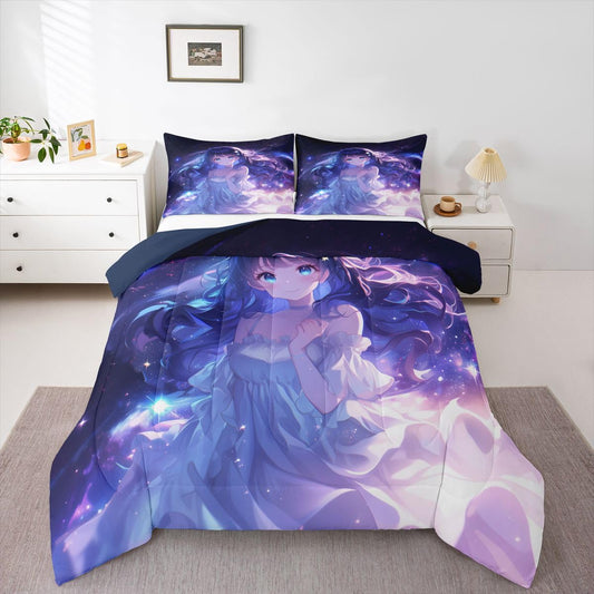 Erosebridal Anime Girls Bedding Anime Gifts Comforter Set for Kids Purple 3D Galaxy Printing Bedding Sets, Cartoon Long Curly Hair Girly Printed Comforter Kids Kawaii Japanese Girl Bed Set, Full