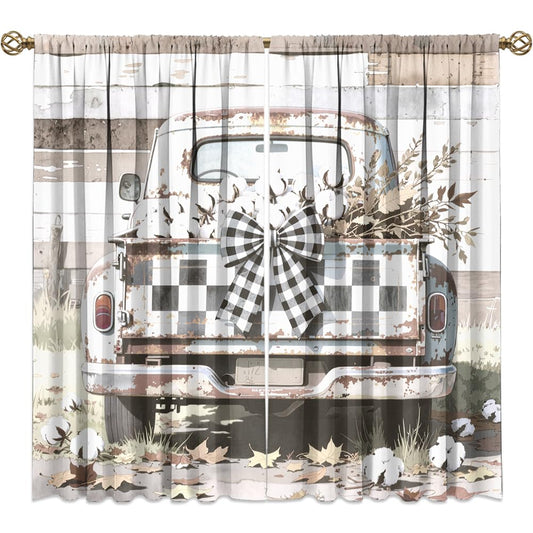 Vintage Wooden Board Old Truck Curtains for Bedroom,Rustic Farmhouse Antique Truck Room Darkening Blackout Window Treatment,Watercolor Floral Leaves Rod-Pocket Privacy Curtains,2pcs,Each 21“W x 45”L