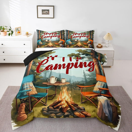 Erosebridal Happy Camping Kids Comforter Set Camper Accessories Bedding King,Country Cabin Lodge Down Comforter Vintage Rv Camper Decor Duvet Set for Bedroom