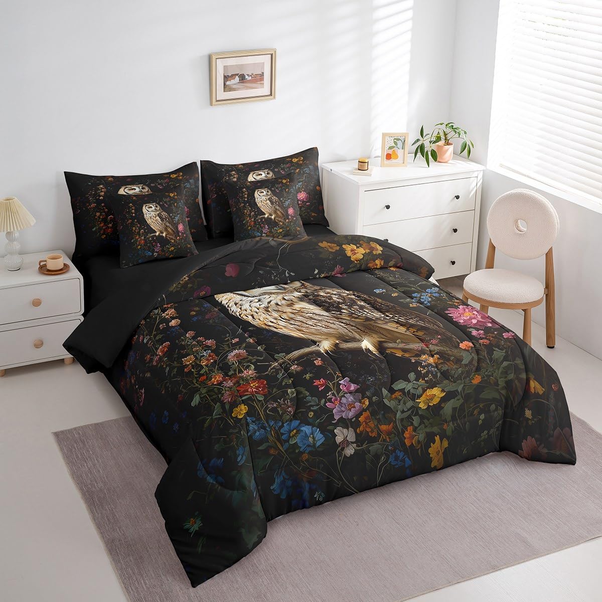 Erosebridal 3D Owl Bedding Set for Kids Teens,Oil Painting Flower Animal Comforter Set King Size,Mid Century (Comforter+Fitted+Flat Sheet+2 Pillowcases+2 Throw Pillow Covers) 7 Pieces Bed Set