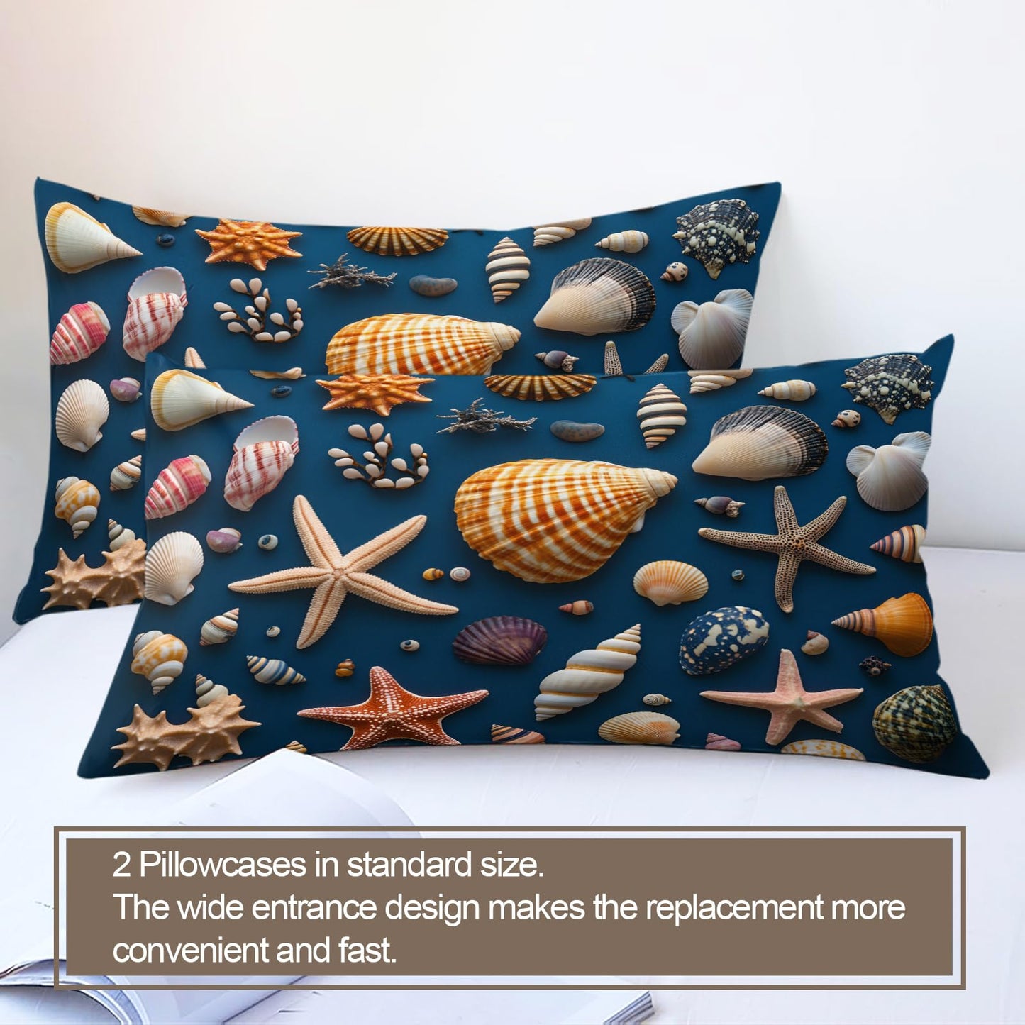 PAISUOQ Ocean Duvet Cover King, Deep Ocean Blue Comforter Cover with Zipper Ties, Shells & Starfish Bedding Set, 3 Pieces with 2 Pillow Cases, Home Decor & Gifts