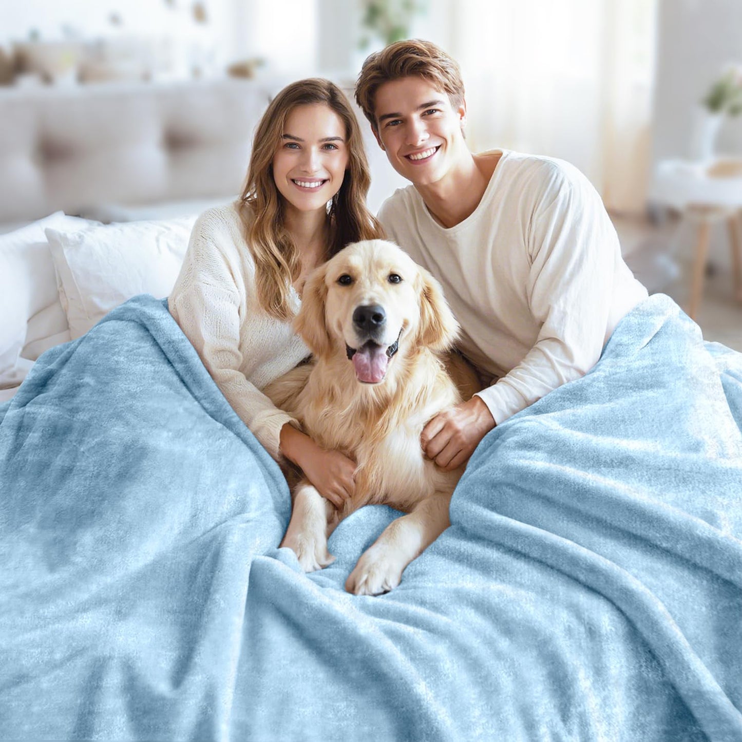 JYK Premium Silky Flannel Fleece Blanket - Queen Size 79'' x 91'', 3.5 LB Lightweight and Fluffy Cozy Plush Microfiber Blanket for Couch, Sofa, Bedroom, Light Blue