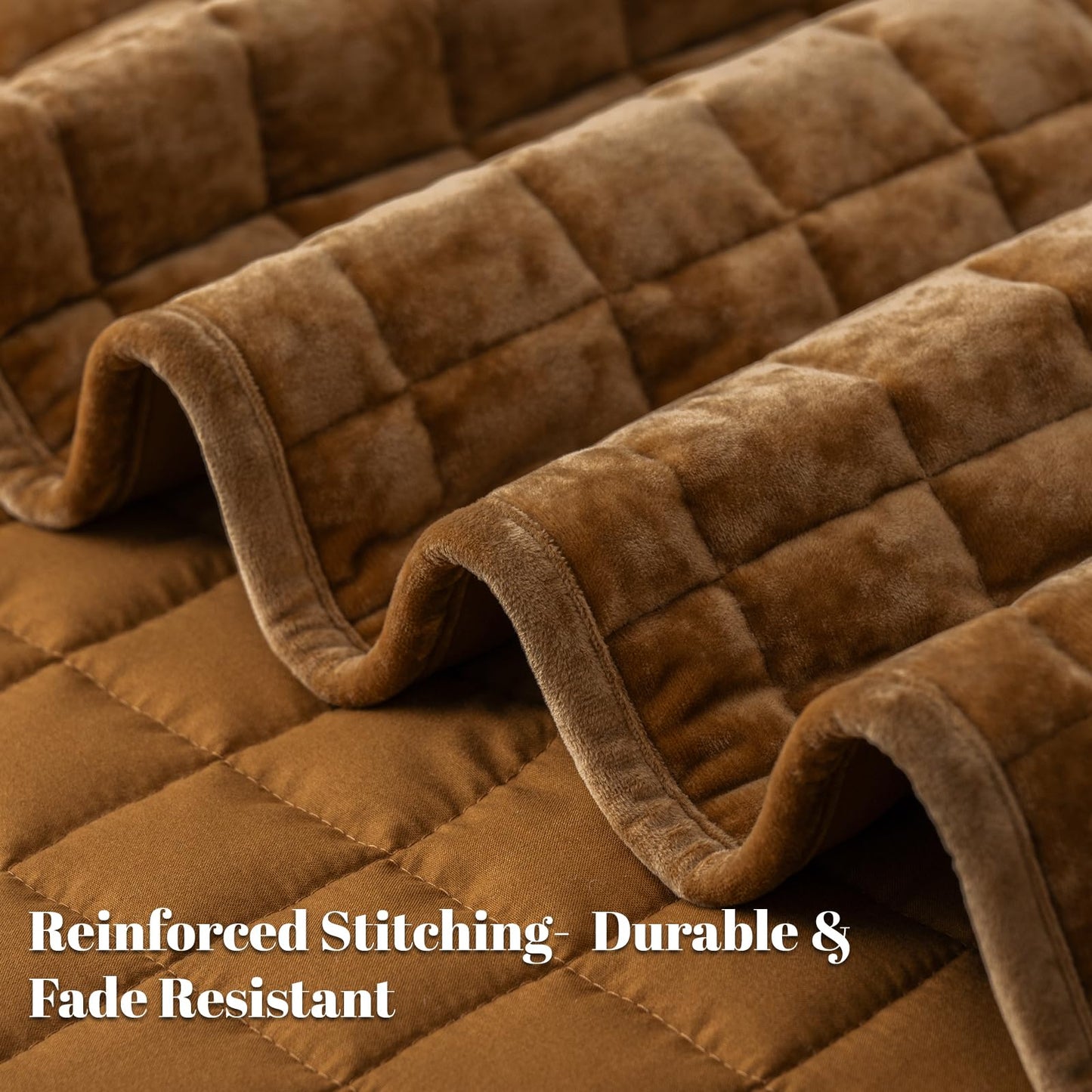 PHF Luxurious Velvet Quilt Set Queen Size – 3PCS Super Soft Quilted Comforter Alternative with Square-Box Quilt Pattern, Warm Quilted Bedspread Coverlet, 90" x 92", Rusty Burnt Orange