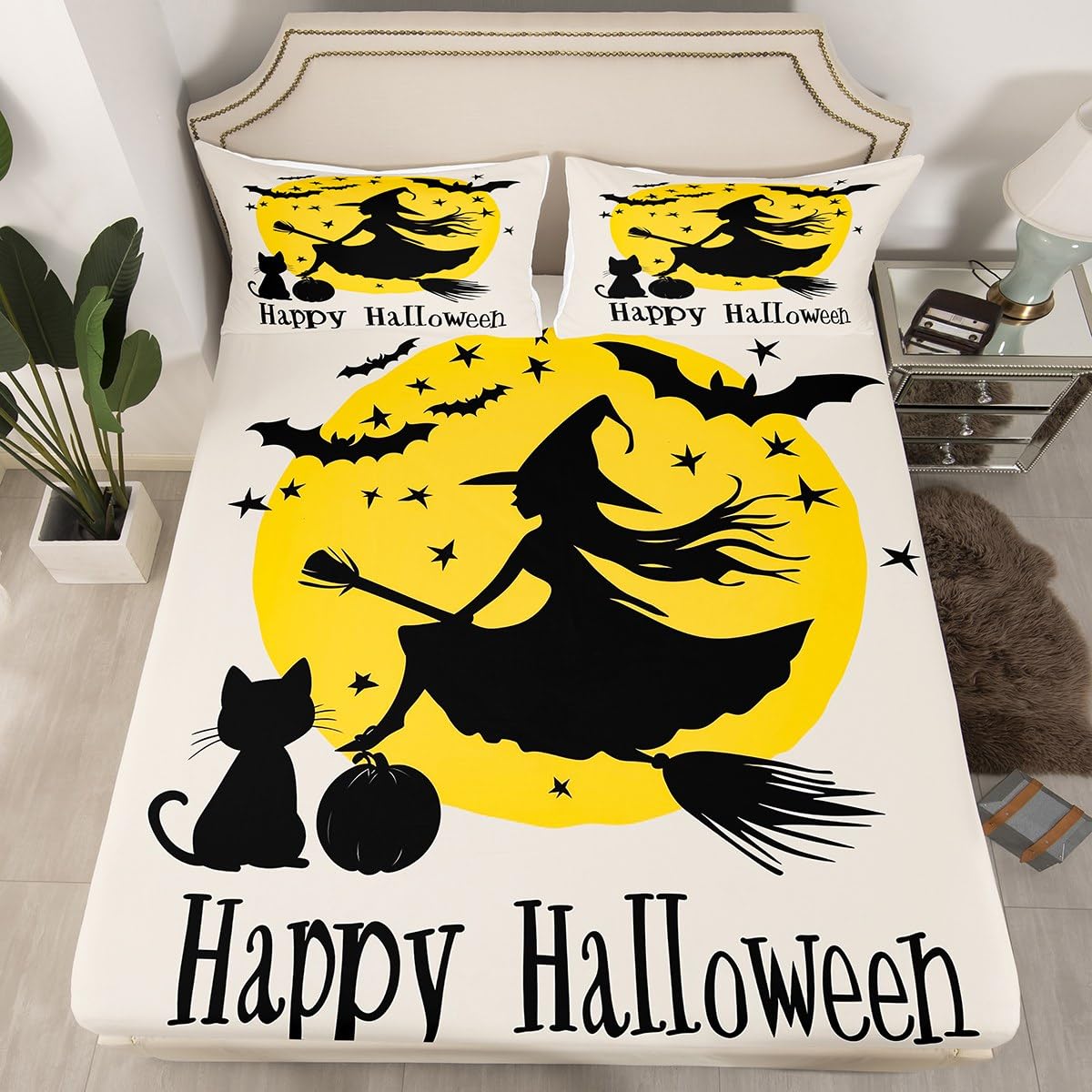 Feelyou Kids Halloween Sheet Set Full Size, Witch Bed Sheets Set Boys Girls Happy Halloween Bedding Set Black Bat Teens Bedroom Decor Microfiber Soft Bed Set