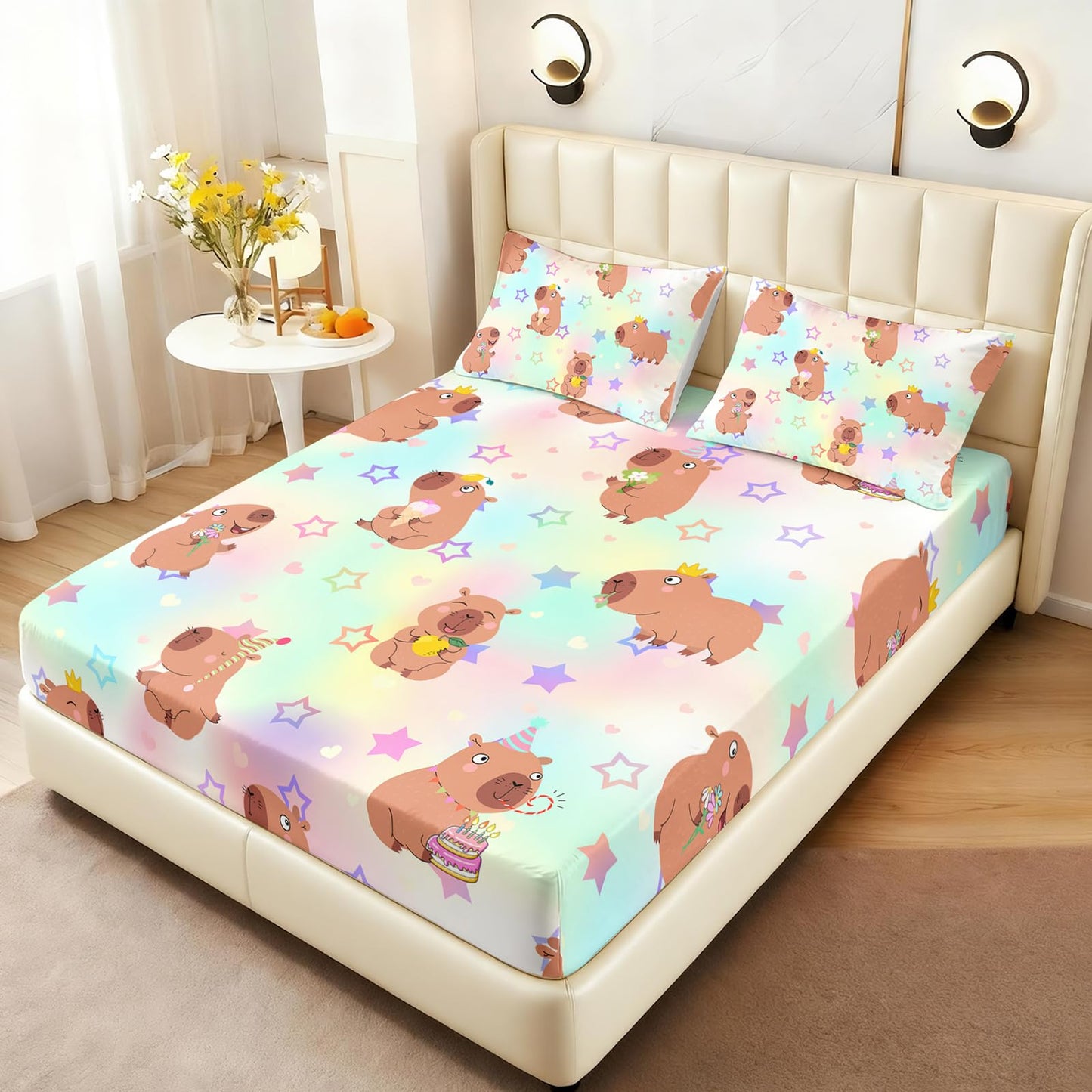 AILONEN Kawaii Capybara Fitted Sheet Set Twin Size,Cute Cartoon Capybara Rainbow Bedding Set for Girls Kids,Lovely Animal Star Fitted Sheet & 2 Pillowcases-3 Pieces