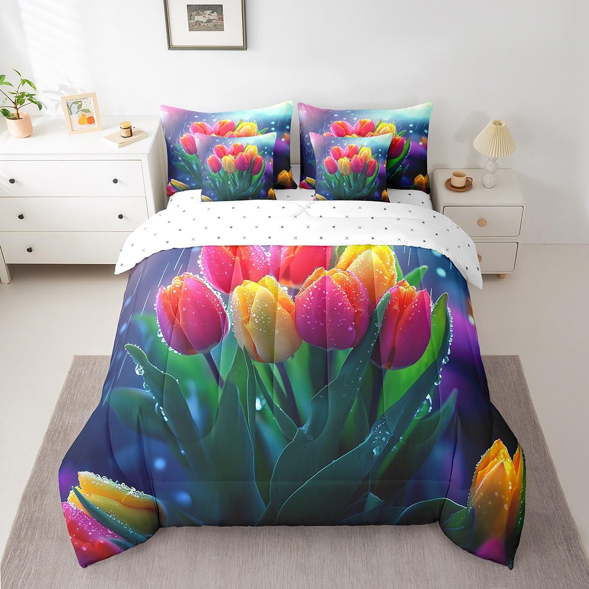 Erosebridal Tulips Bedding Set Spring Summer Flowers King Comforter Set 7 Piece for Kids Girls Teen Women,Rainy Floral Pink Yellow Tulips Bed in A Bag Pastel Plants Sheet Set with Comforter
