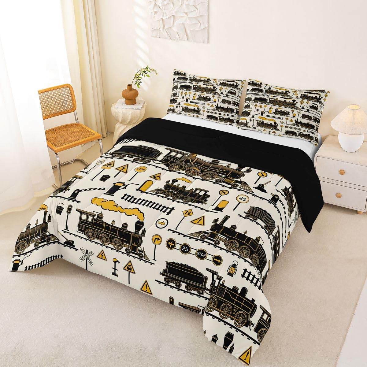 Erosebridal Cartoon Steam Train Kids Comforter Sets Funny Train Full Bedding Set for Boys Girls Retro Transport Vehicle Comforter Set Steampunk Railway Aesthetic Quilt Duvet 3 Pcs