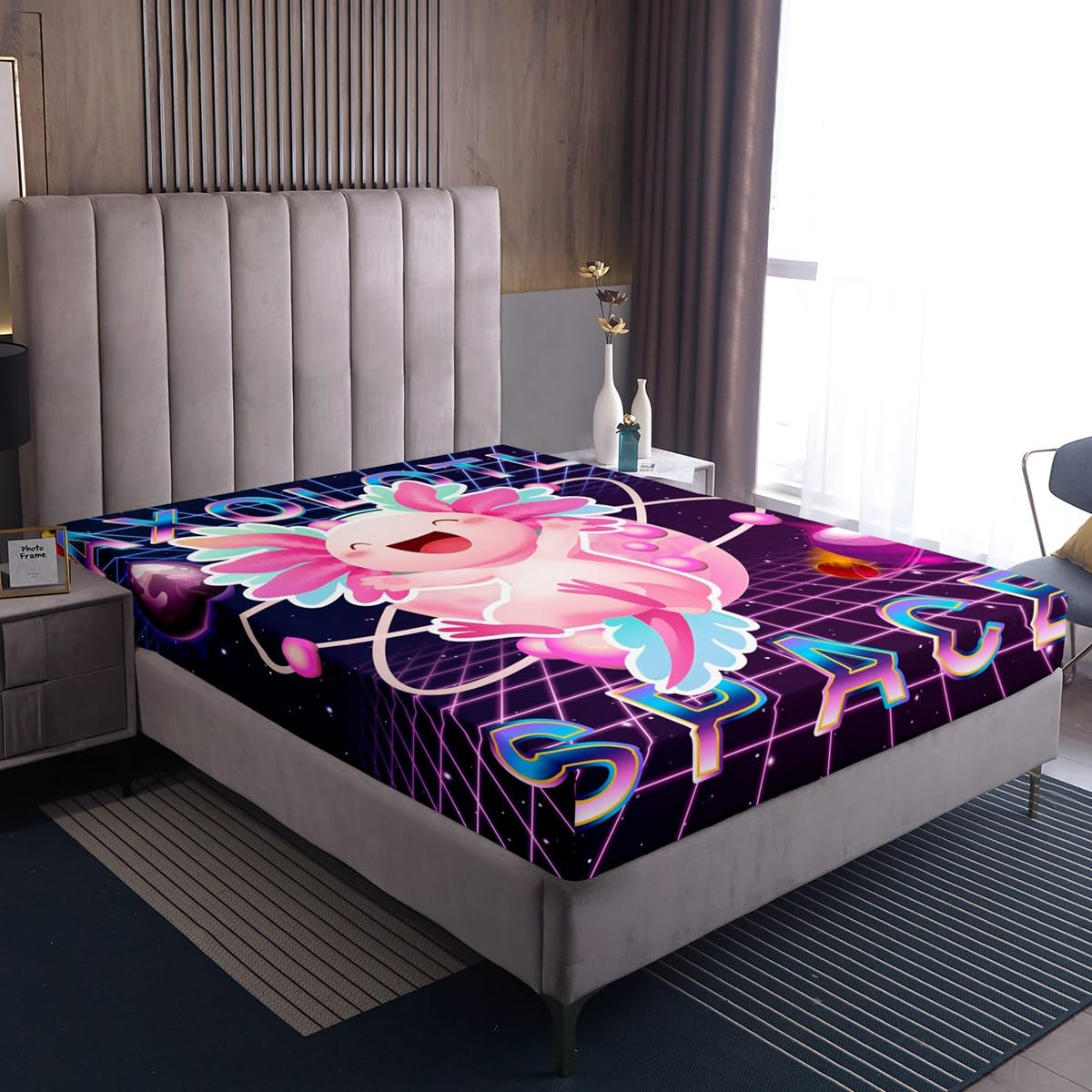 Kawaii Axolotl Bedding Set Twin for Boys Kids Galaxy Starry Sky Fitted Sheet Teens Girls Universe Outer Space Fitted Bed Sheets Cute Reptiles Animal Coastal Axolotl Bedspread Cover with 1 Pillowcase