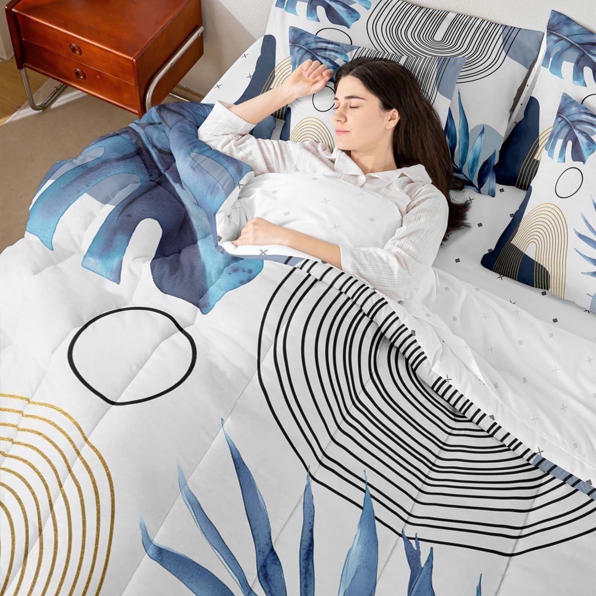 Erosebridal Blue Gold Boho Mid Century Full 7 Pcs Bedding Set, Abstract Minimalist Comforter Set with Sheets, Modern Geometric Simple Arch Bed in A Bag, Tropical Plant Palm Leaf Aesthetic Bed Sets