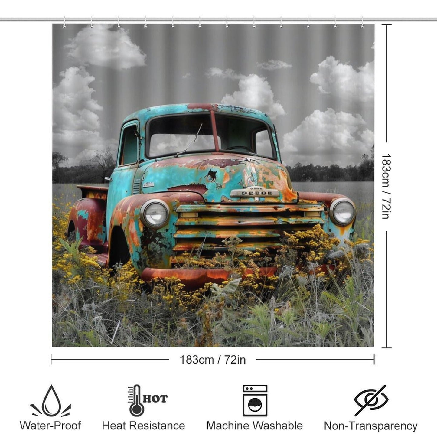 FOCCAFB 4 Piece Abstract Old Truck Shower Curtain Set with Rugs, Vintage Country Field Green Car Include Bathroom Non-Slip Floor Mat, U-Shaped Bath Rug and Toilet Cover Lid with 12 Hooks