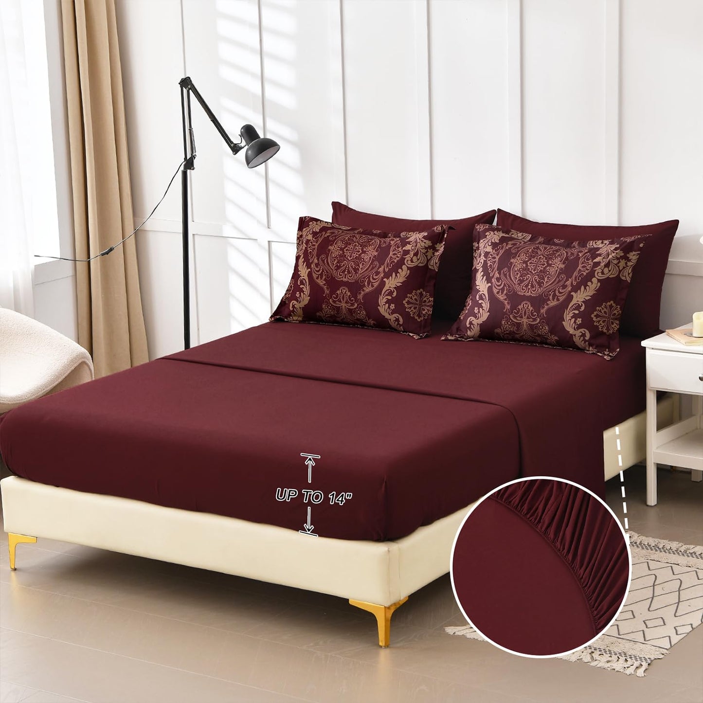 WONGS BEDDING Burgundy Comforter Set Queen Size, Maroon Damask Texture 7 Pieces Bed in a Bag Microfiber Comforter Bedding Sets -1 Comforter, 1 Flat Sheet, 1 Fitted Sheet, 2 Pillow Shams, 2 Pillowcases