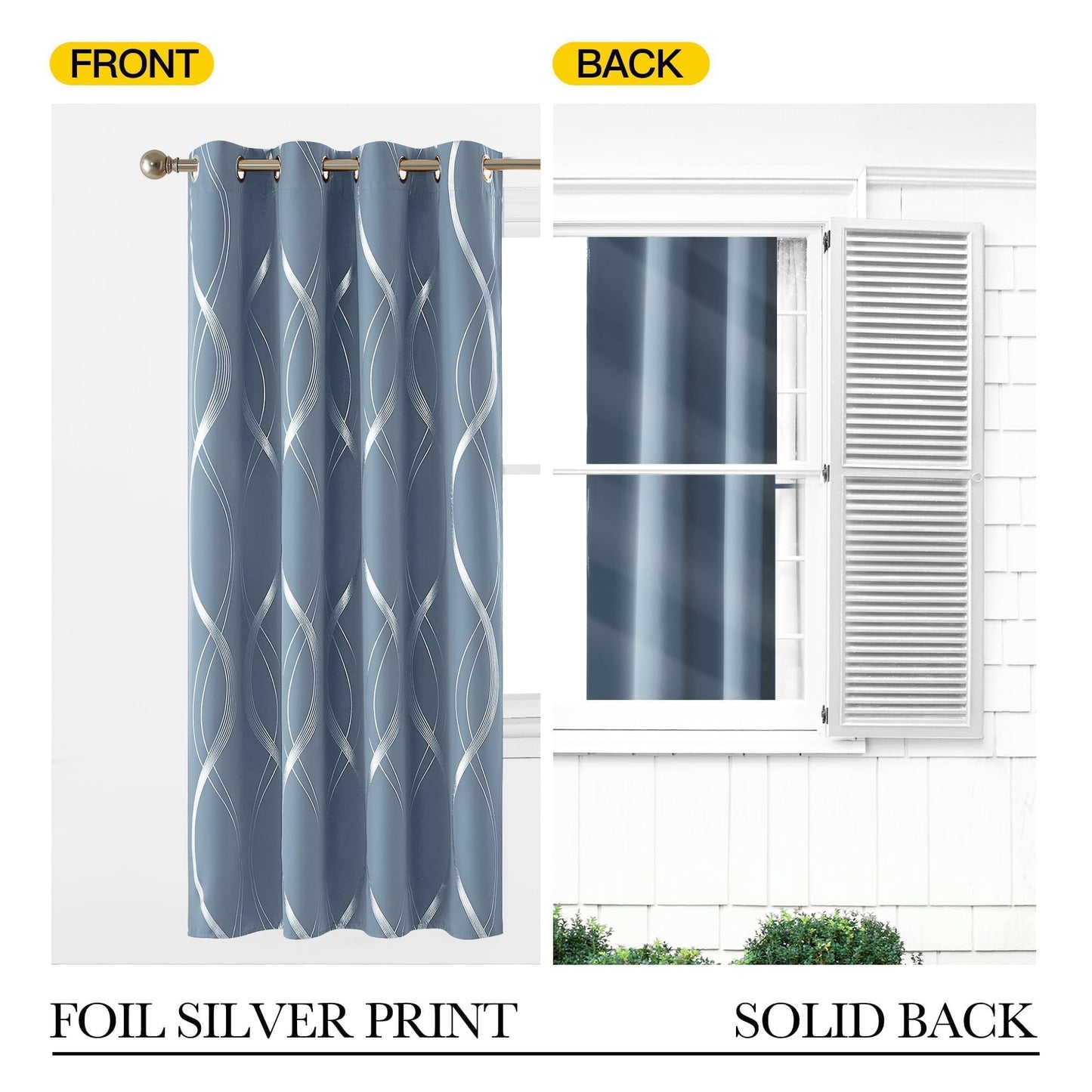 NICETOWN Dusty Blue Patterned Stripe Curtains for Bedroom and Patio, W52 x L84 inch, Wave Line Foil Print Design Morden Home Decor Room Darkening Drapes Room Divider, 2 Panels