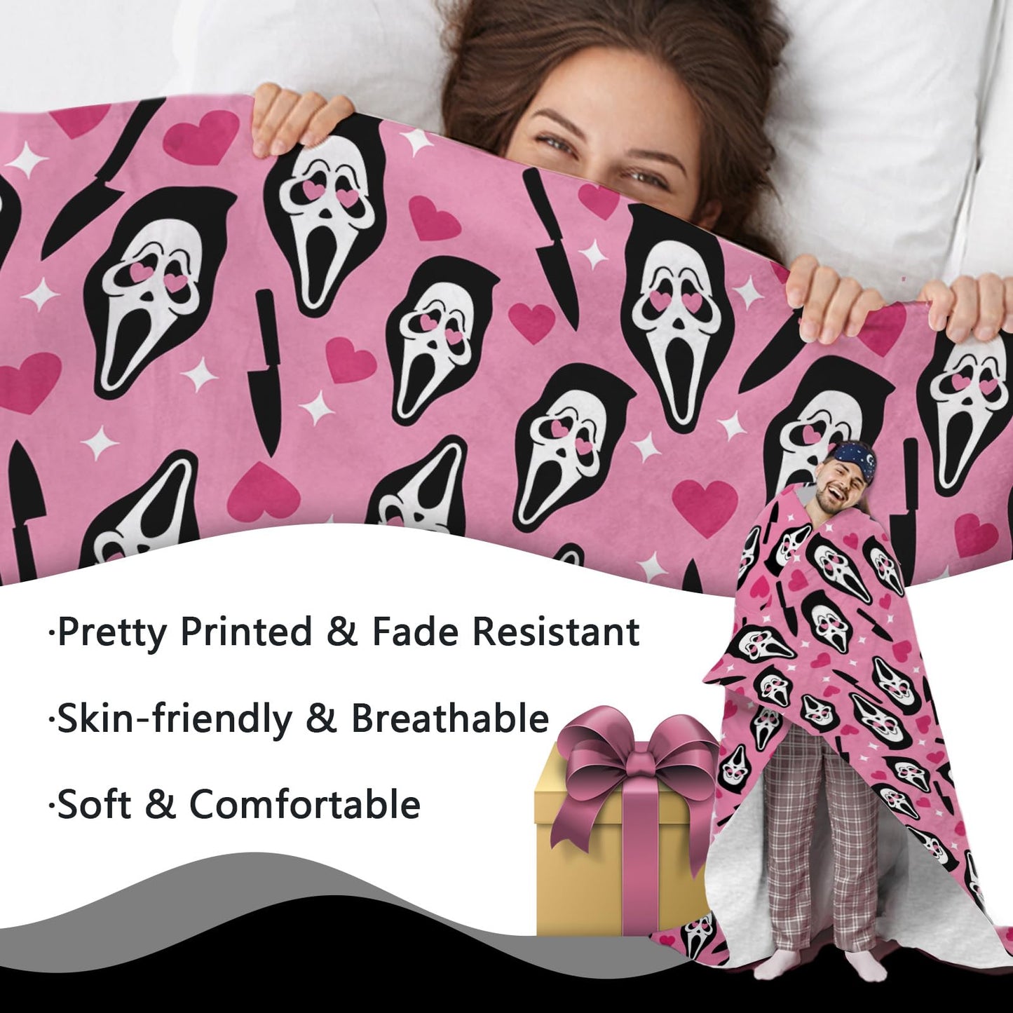 Paayna Pink Horror Flannel Throw Blanket, Funny for Kids Men Women, Romantic Love Heart Knife Soft Blankets for Bedding Sofa 50 x 60 Inches