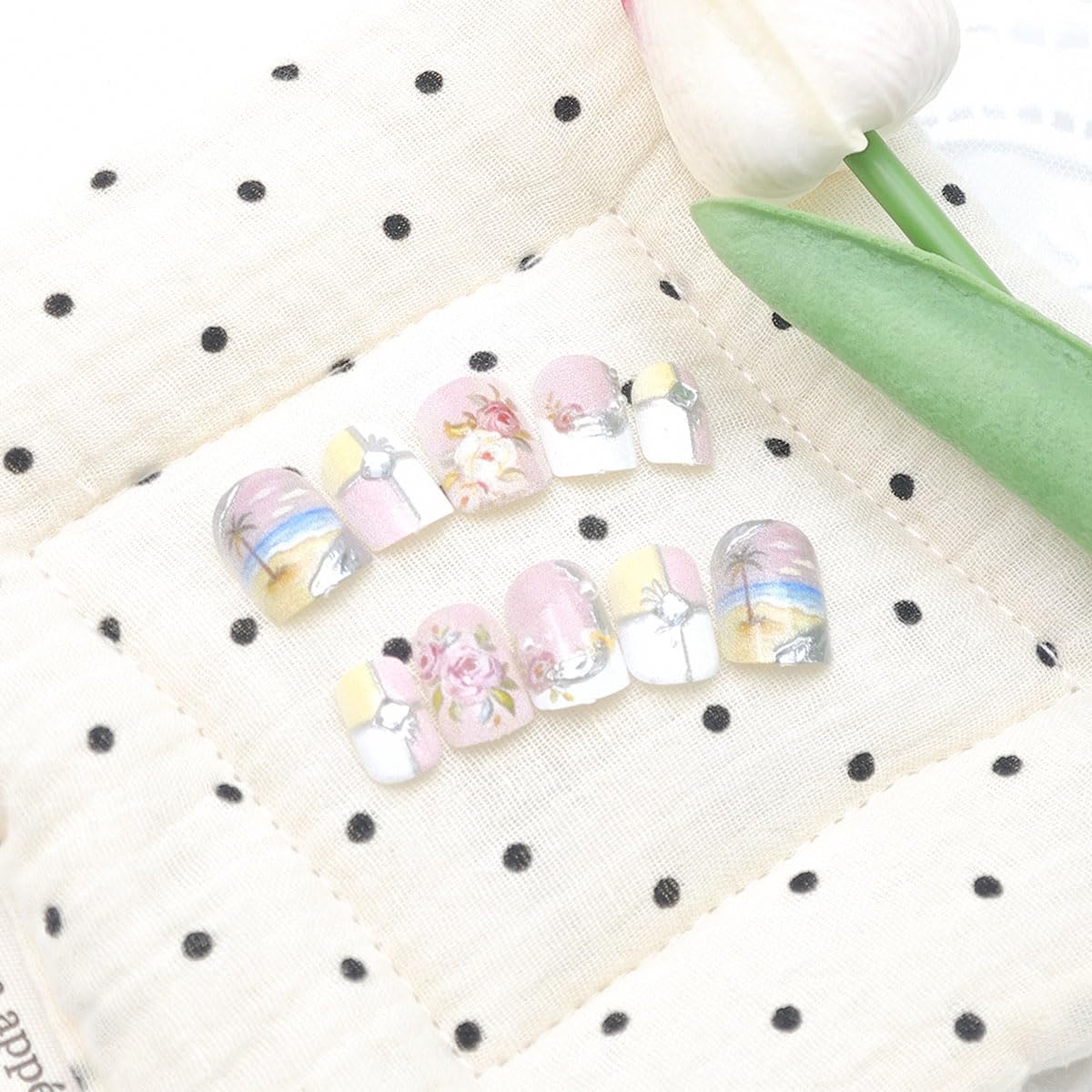 24Pcs Summer Beach Press on Nails Short Square White French Tip Fake Nails Coconut Trees Flower with Rhinestones Glitter Designs Full Cover Silver Chrome Stick on Nails Flowers False Nails for Women