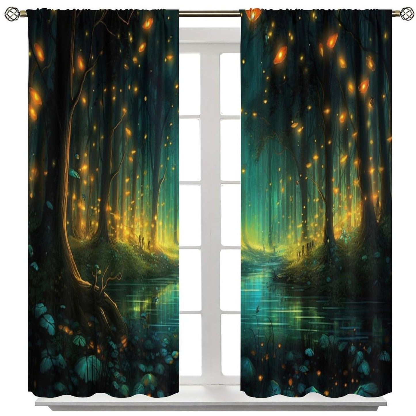 SYZWWSYX Magic Forest Window Curtains, Fantastic Trees Stream Flying Fireflies Pattern Print Drapes for Kitchen Bedroom Living Room Window Treatments 2 Panel Sets, 42x45 Inch