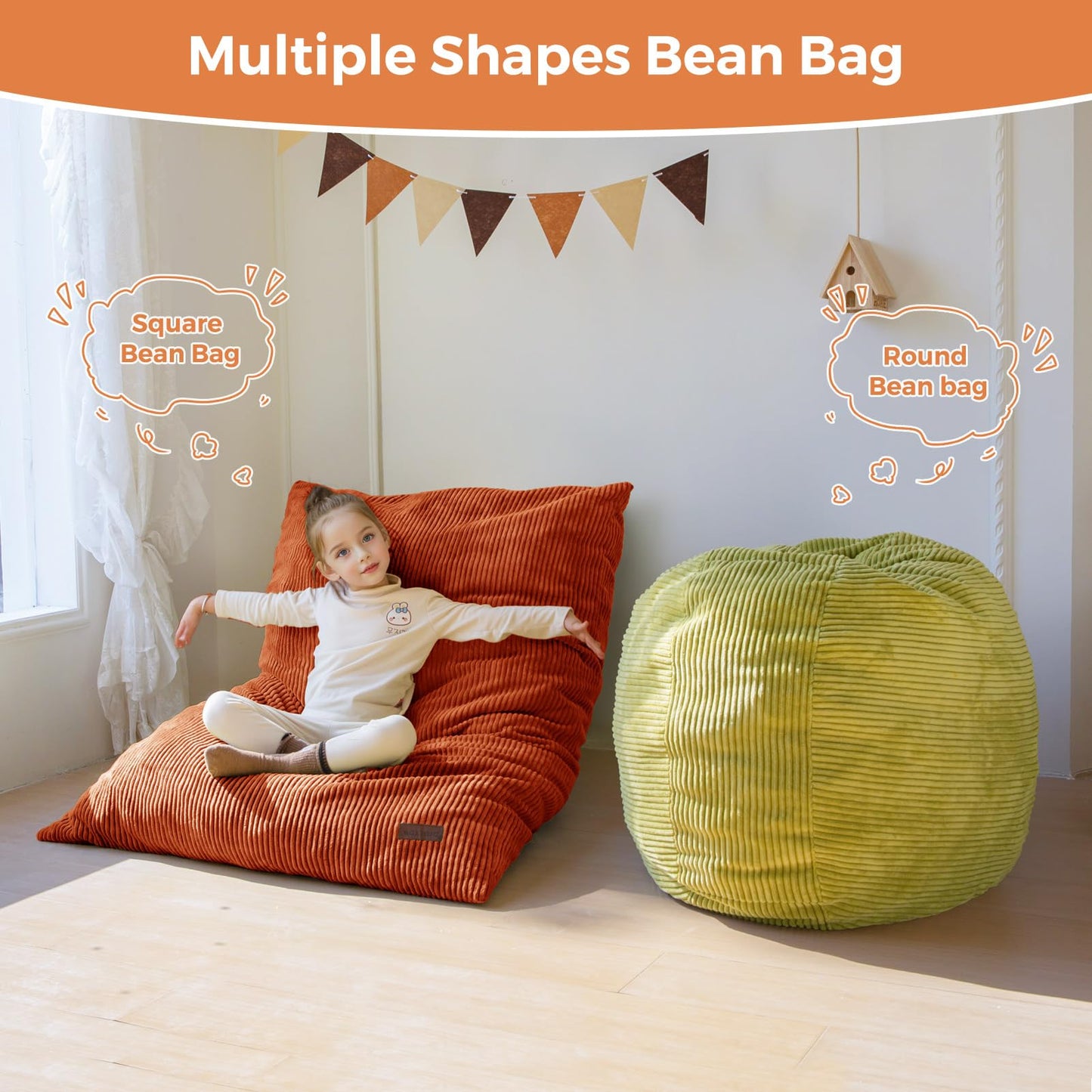 MAXYOYO 3 in 1 Kids Bean Bag Chair Couch, Convertible Chair Folds from Bean Bag to Lounger, Child Floor Sofa for Gaming, Reading, Floor Couch with High-Density Foam Filling
