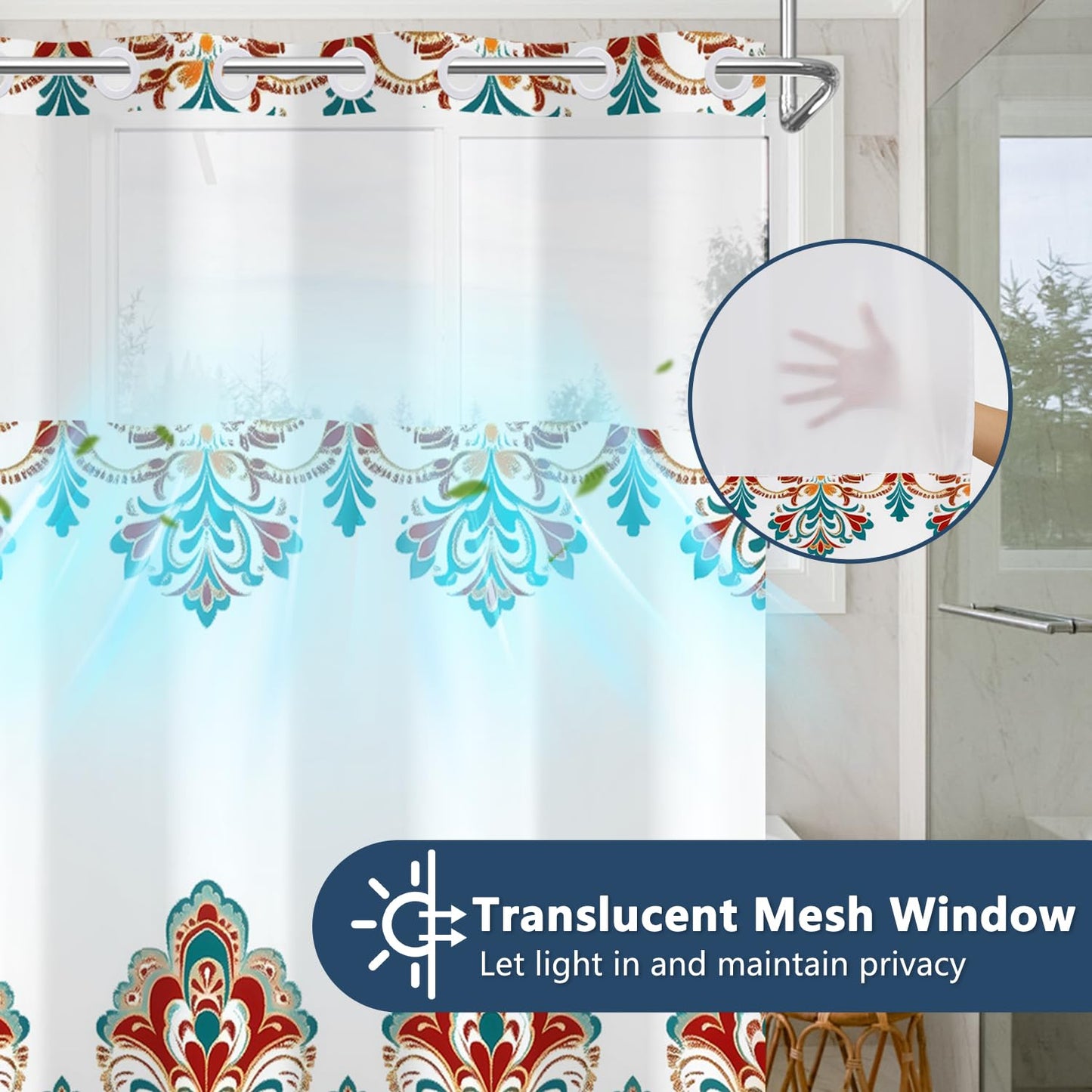 Boho Paisley Damask Shower Curtain with Snap in Liner, Vintage Bohemian Red Floral Exotic Bathroom Curtains, Double Layers Waterproof Fabric No Hook Shower Curtain and Weighted Hem, 71x74 Inch