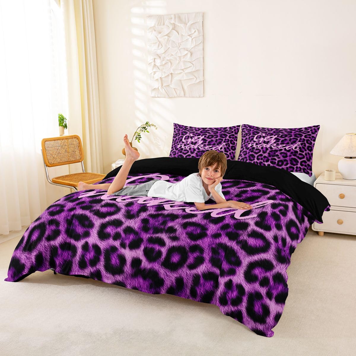 Feelyou Leopard Print Get Naked Duvet Cover King Size Funny Quotes Bedding Set for Boys Girls Purple Comforter Cover Cheetah Bedroom Decor 3Pcs
