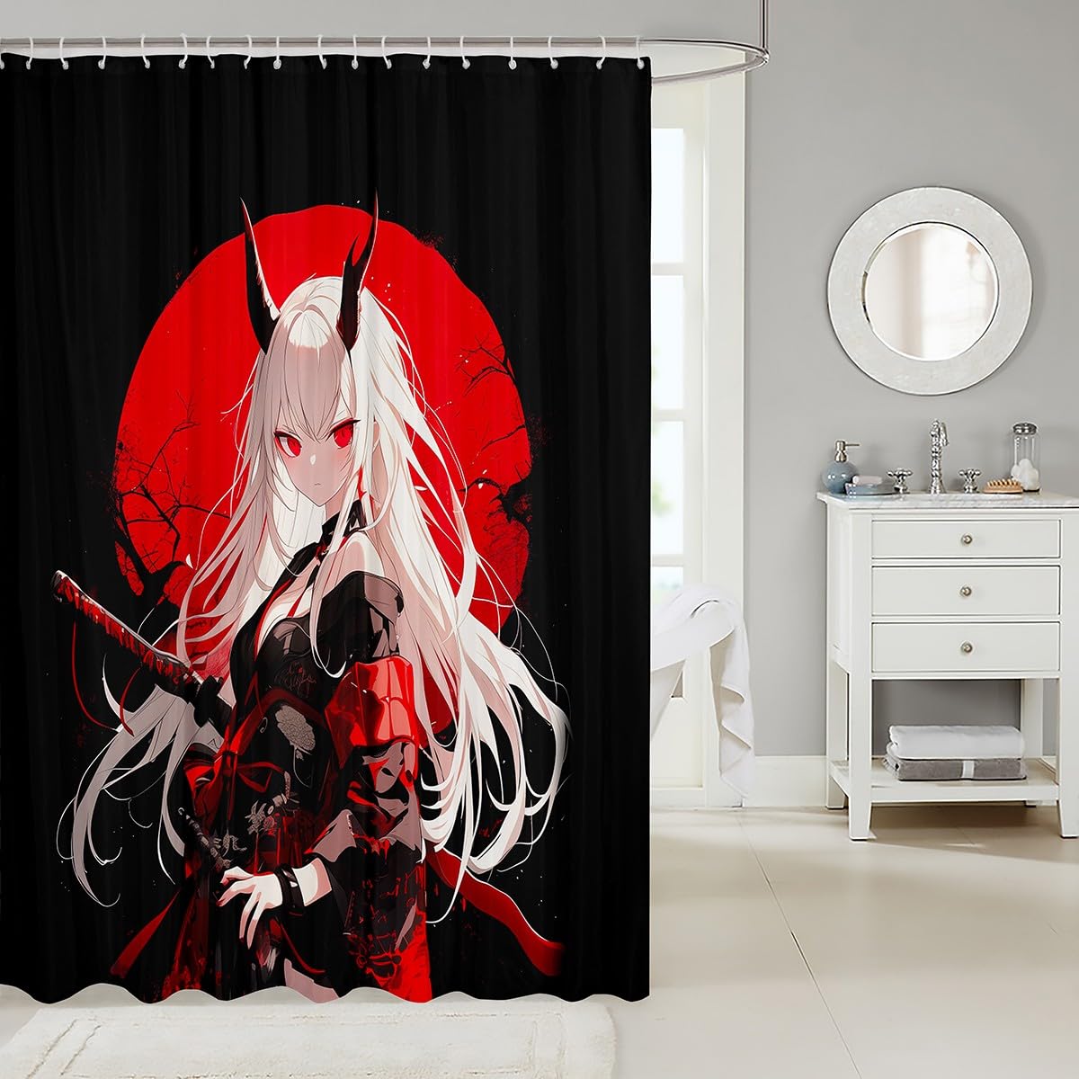 Erosebridal Japanese Anime Bathroom Accessories for Kids, Anime Girl Shower Curtain Kawaii Japanese Style Fabric Shower Curtain 72" W X 72" L Cartoon Japan Animation Waterproof Decor for Boys