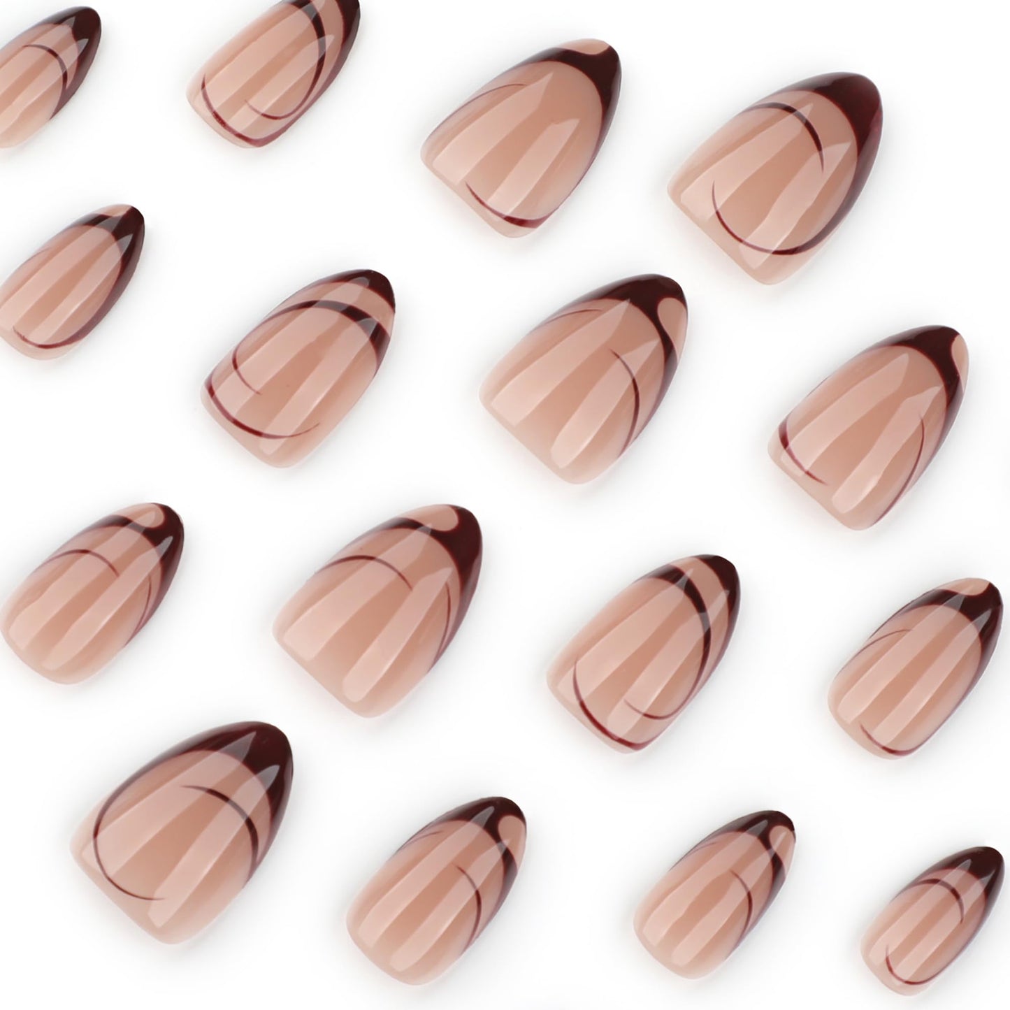 Stbisen Nude Almond Press on Nails Short, Fall French Fake Nails with Unique Elegant Shaped Burgundy French Tip Design, Glossy Finish Acrylic Nails, Natural Reusable Glue on Nails Kit for Women