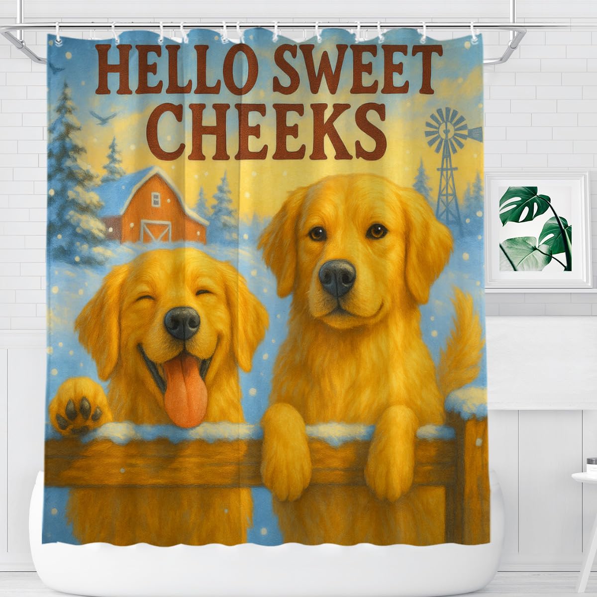 REZHOCH Shower Curtain Farm Funny Golden Retriever Durable Waterproof Fabric Bathtub Sets Cute Animals Winter Home Bathroom Decor Decoration Hello Sweet Cheeks 72x72inch with 12 Hooks